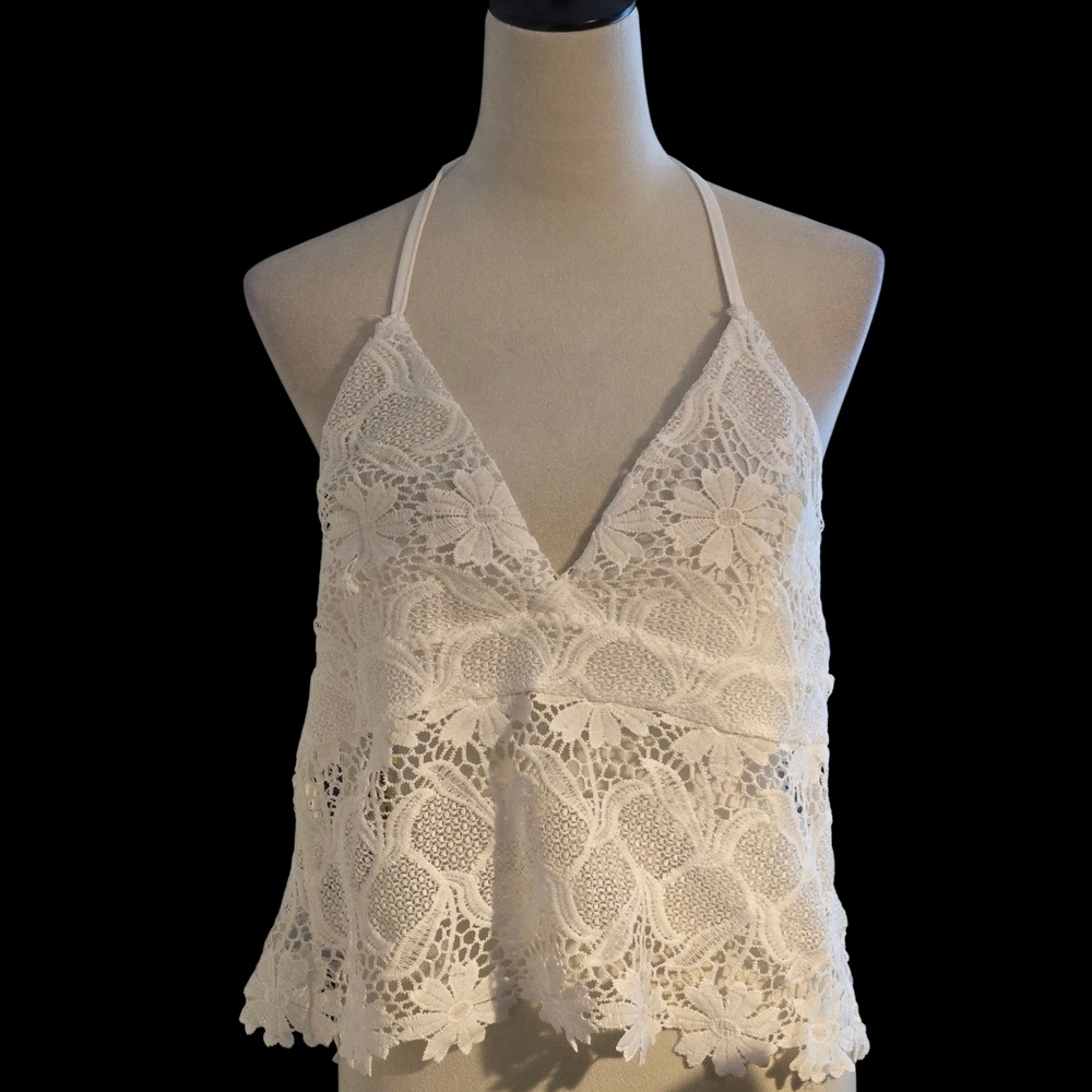 White Crocheted Floral Lace Halter Top Women’s XL Boho Festival Summer Backless - Picture 1 of 16